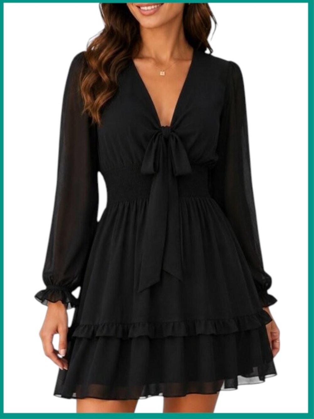 Black Long Sleeve Tie-Front Mini Dress S